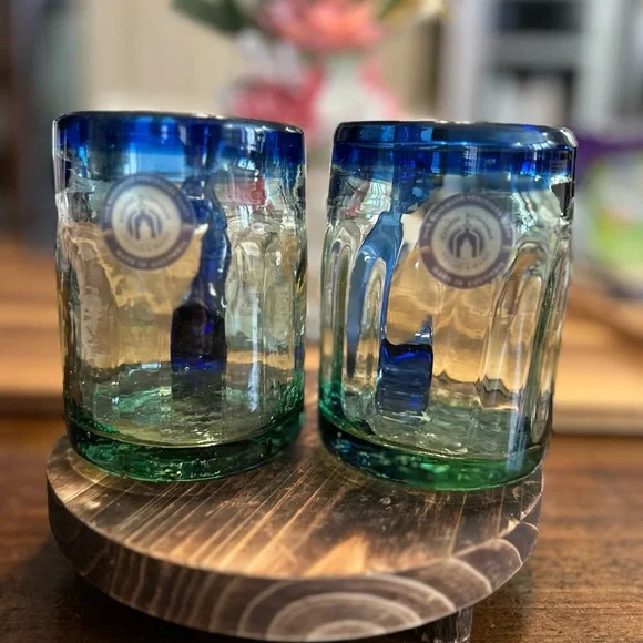 Hand-Blown Mexican Glass Mugs w/Cobalt Blue Rims & Applied Handles,set Of 2 - Picture 1 of 11